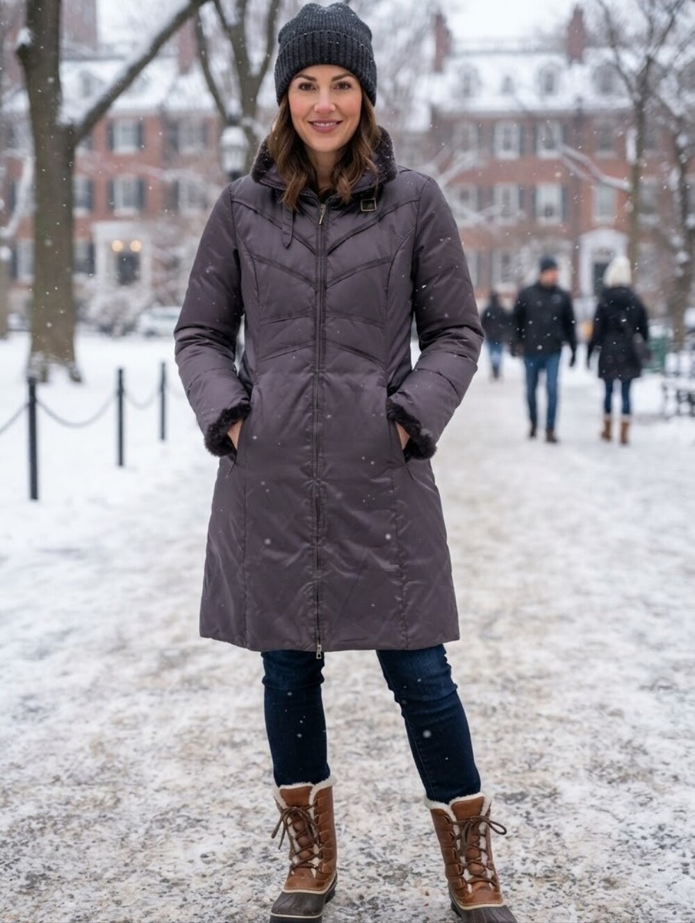 VIA SPIGA Brown Sateen Down Puffer Jacket Long Coat Rabbit Fur Trim Women's Sz L